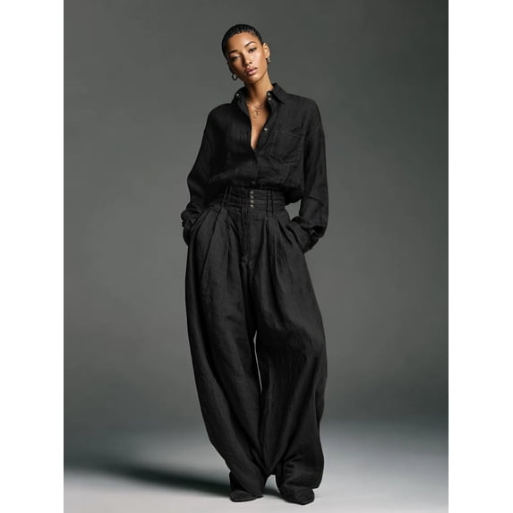 Women's Vintage Two Piece Set - Loose Fit Long Sleeve Button Down Shirt & High Waisted Wide Leg Pants Casual Lounge Outfit