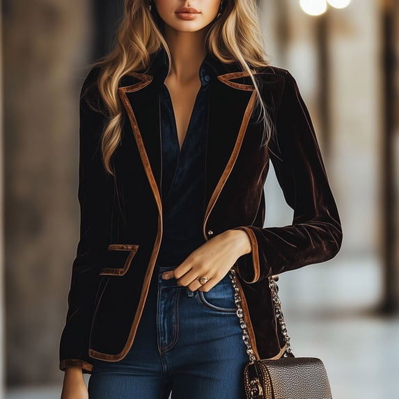 Women's Vintage Velvet Colorblock Lapel Pocket Coat Jacket Outerwear, Loose Fit Casual Longline Trench Coat for Fall Winter Fashion | CSEONE,Brown L