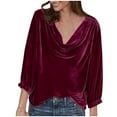 thumbnail image 1 of Women's Vintage Velvet Cowl Neck 3/4 Sleeve Tunic Tops Blouse Velour Pullover Elegant Casual Solid Color Shirts Tees, 1 of 6