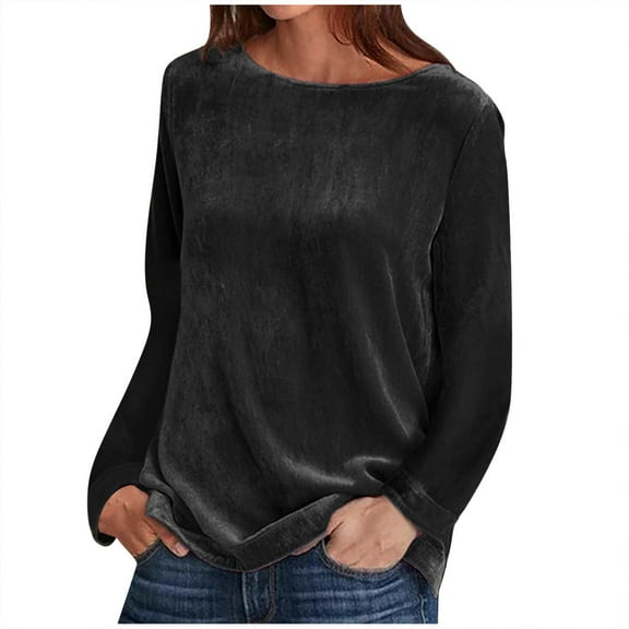 Women's Vintage Velvet Crewneck Long Sleeve Tunic Tops Blouse Velour Pullover Elegant Casual Solid Color Shirts Tees