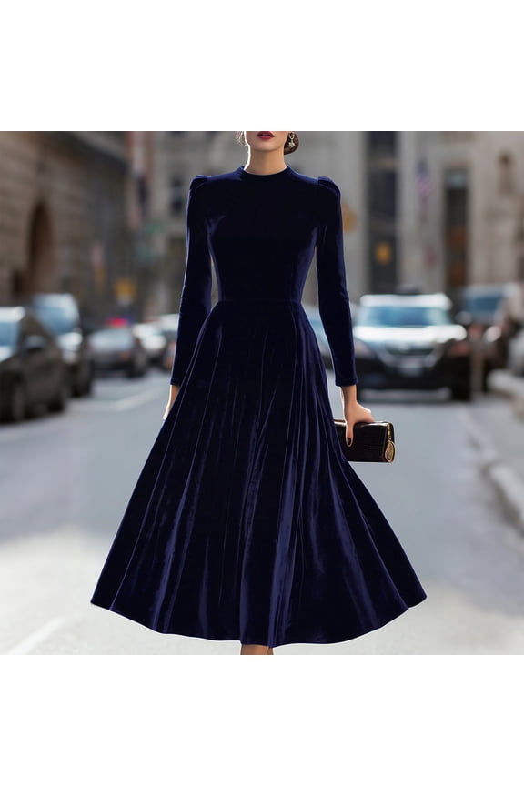 Women's Vintage Velvet Midi A-Line Dress Crew Neck Puff Long Sleeve High Waist Pleated Swing Flare Evening Cocktail Party Formal Elegant Modest Dress