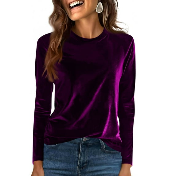 Women's Vintage Velvet T-Shirt Casual Long Sleeve Top Purple M