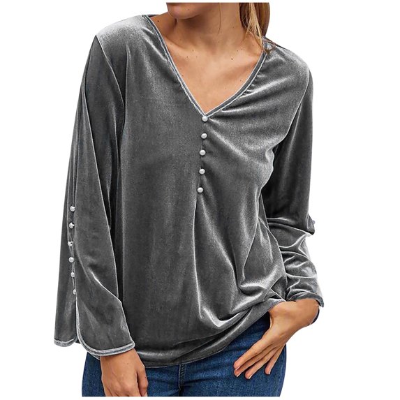 Women's Vintage Velvet V Neck Long Sleeve Top Blouse Velour Pullover Elegant Casual Solid Color Shirts Tees Tunic