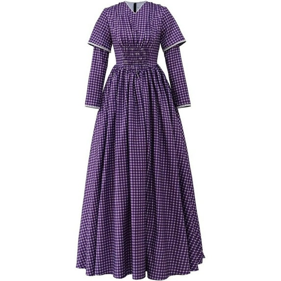 Women's Vintage Victorian Dress Purple Plaid Pleated Long Sleeve Gown Scotland Rural Dress