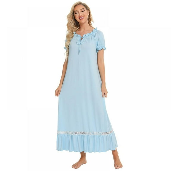 Women's Vintage Victorian Nightgown Short Ruffle Sleeve Soft Sleepwear Pajamas Nightwear Lounge Dress