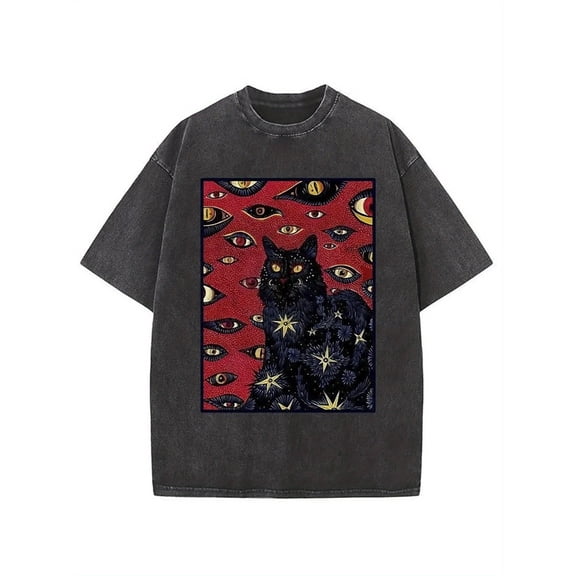 Women's Vintage Washed Anime & Letter Graphic T-Shirt - Soft Relaxed Fit Short Sleeve Crew Neck Top with Black Cat & Red Eyes Print, Star & Snowflake Design