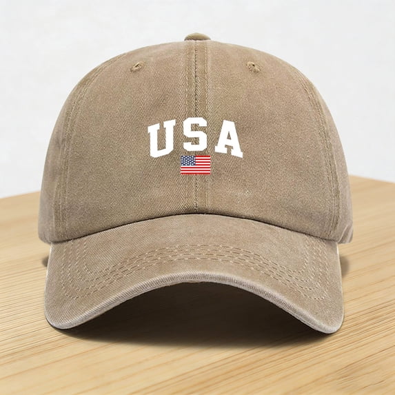Women's Vintage Washed Baseball Cap, USA Flag Print Adjustable Trucker Hat, Retro Ponytail Sun Hat for Daily, Outdoor Activities, and Patriotic Style Khaki