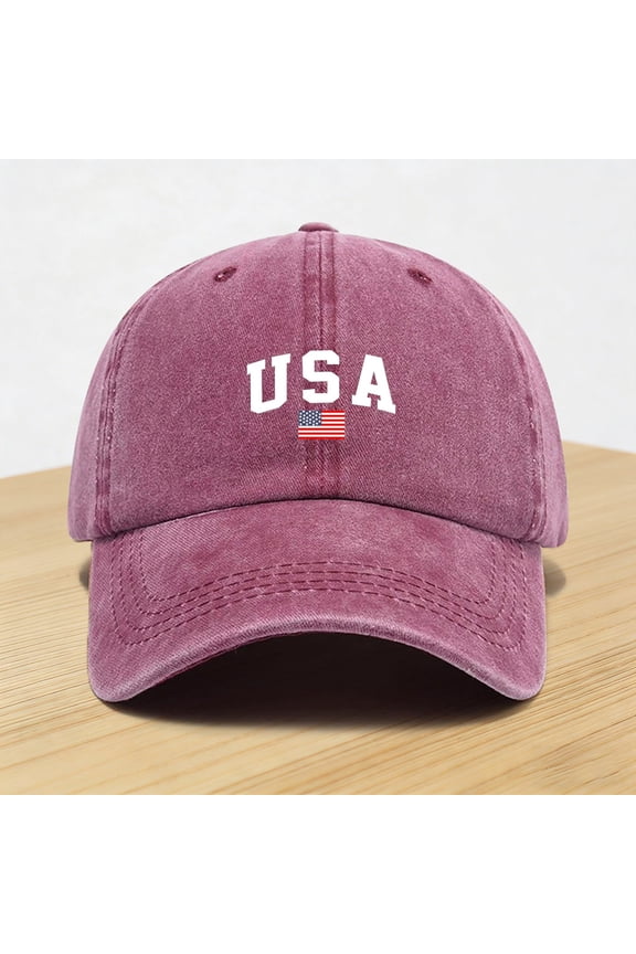 Women's Vintage Washed Baseball Cap, USA Flag Print Adjustable Trucker Hat, Retro Ponytail Sun Hat for Daily, Outdoor Activities, and Patriotic Style Wine