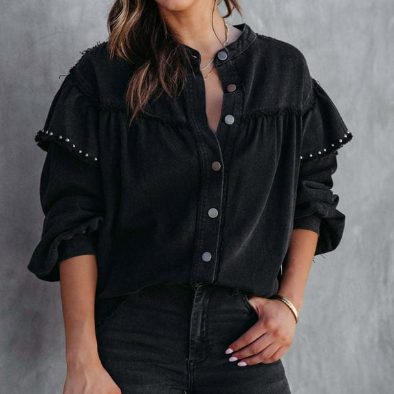 Women's Vintage Washed Denim Jacket With Frayed Details And Pockets Button Front Long Sleeve