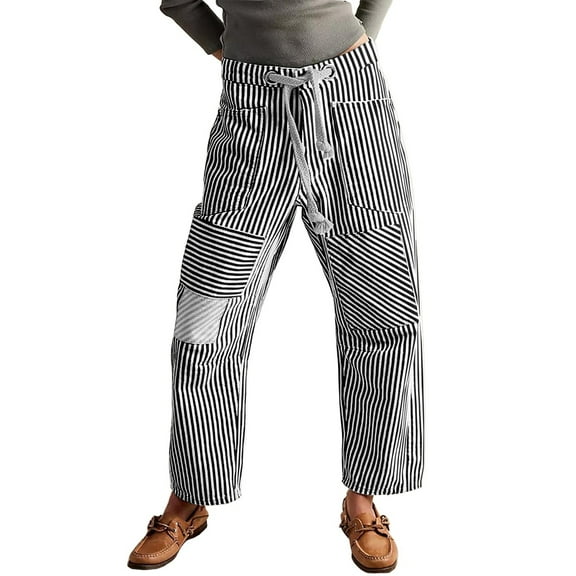 Women's Vintage Washed Denim Jeans with Striped Paneling, Hip Hop Baggy Jeans Mid-Low Waist Wide Leg Loose Fit Casual Pants with Pockets,Black L