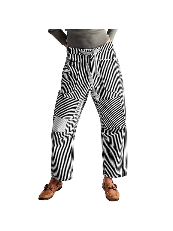 Women's Vintage Washed Denim Jeans with Striped Paneling, Hip Hop Baggy Jeans Mid-Low Waist Wide Leg Loose Fit Casual Pants with Pockets,Black S