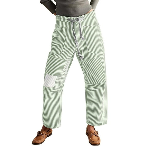 Women's Vintage Washed Denim Jeans with Striped Paneling, Hip Hop Baggy Jeans Mid-Low Waist Wide Leg Loose Fit Casual Pants with Pockets,Mint Green S