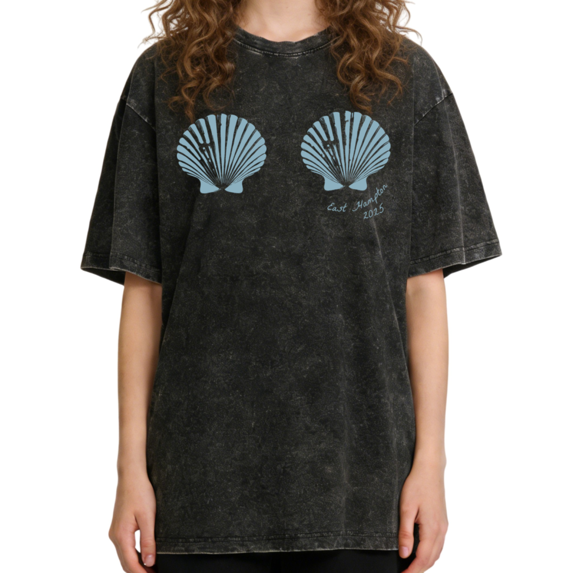 Women's Vintage Washed East Hampton Blue Seashell Graphic Washed T Shirt Casual Black S-2XL Plus Size