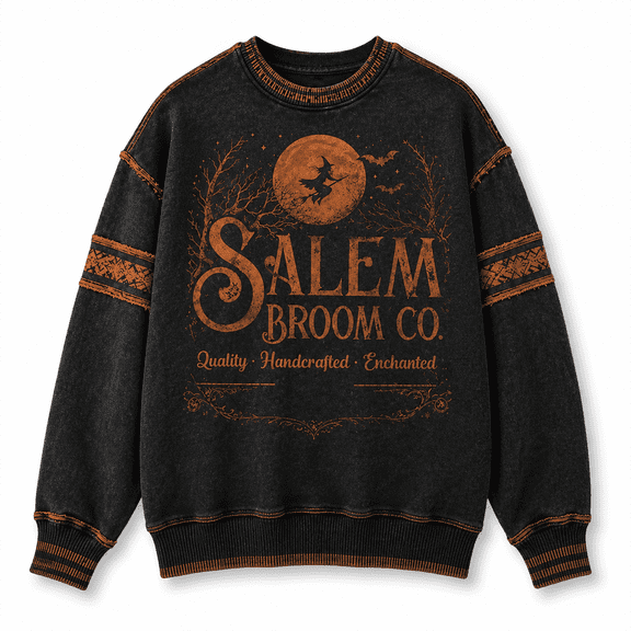 Women's Vintage Washed Halloween Sweatshirt, Salem Broom Co Moon Witch Graphic Oversized Crewneck Long Sleeve Casual Pullover