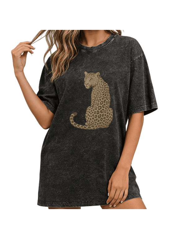 Women's Vintage Washed Sitting Leopard Graphic Tee Summer Casual Crewneck Top