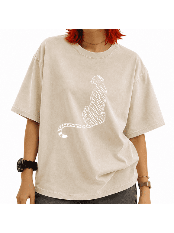 Women's Vintage Washed White Leopard Line Art Graphic Tee Summer Casual Top