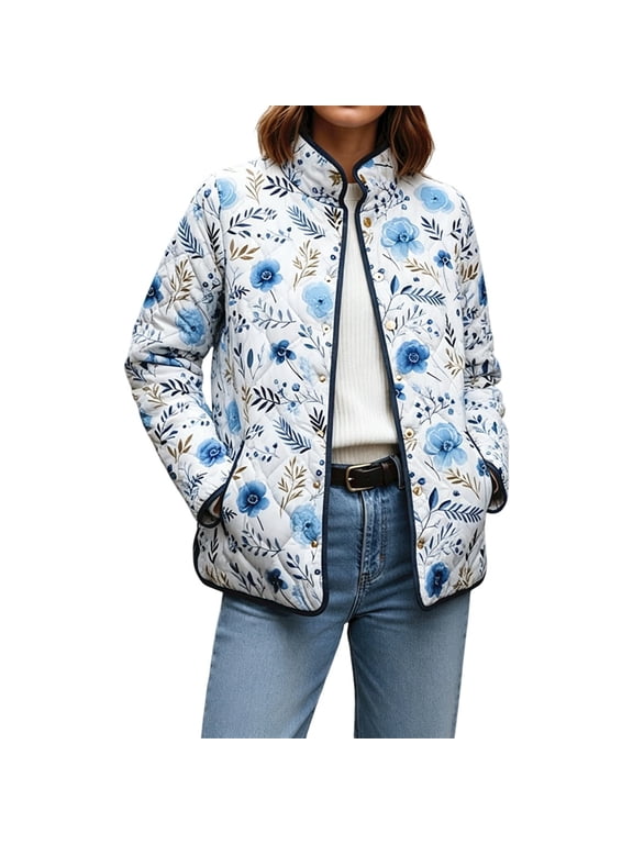 Women's Vintage Water Color Floral/Birds/Trees Print Quilted Jacket Snap Button Padded Lightweight Coat with Pockets (Blue XXL)