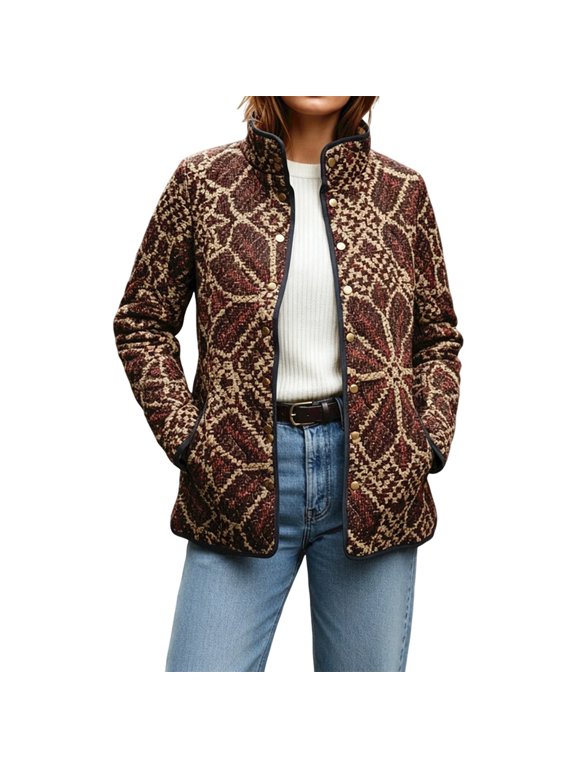 Women's Vintage Water Color Floral/Birds/Trees Print Quilted Jacket Snap Button Padded Lightweight Coat with Pockets (Coffee M)