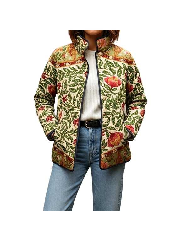 Women's Vintage Water Color Floral/Birds/Trees Print Quilted Jacket Snap Button Padded Lightweight Coat with Pockets (Dark Green XL)