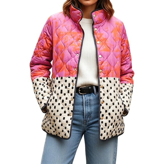 Women's Vintage Water Color Floral/Birds/Trees Print Quilted Jacket Snap Button Padded Lightweight Coat with Pockets (Hot Pink XL)