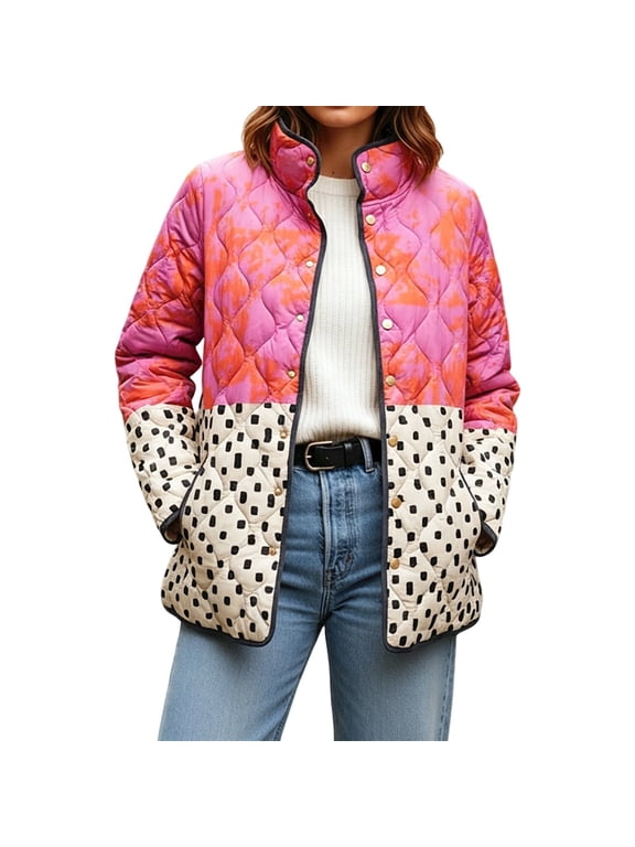 Women's Vintage Water Color Floral/Birds/Trees Print Quilted Jacket Snap Button Padded Lightweight Coat with Pockets (Hot Pink XL)