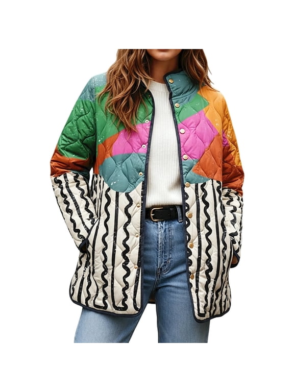 Women's Vintage Water Color Floral/Birds/Trees Print Quilted Jacket Snap Button Padded Lightweight Coat with Pockets (Multicolour XXXL)
