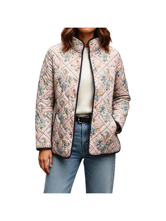 Women's Vintage Water Color Floral/Birds/Trees Print Quilted Jacket Snap Button Padded Lightweight Coat with Pockets (Pink XXXXL)