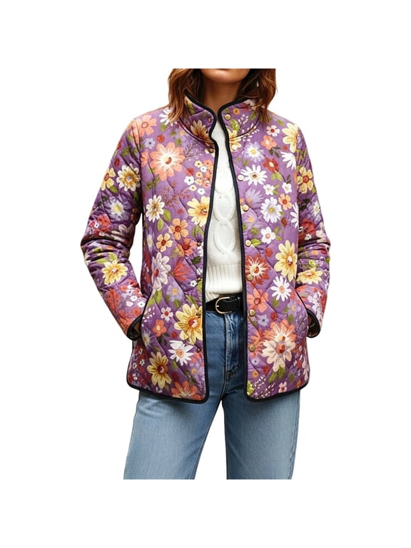 Women's Vintage Water Color Floral/Birds/Trees Print Quilted Jacket Snap Button Padded Lightweight Coat with Pockets (Purple XXL)