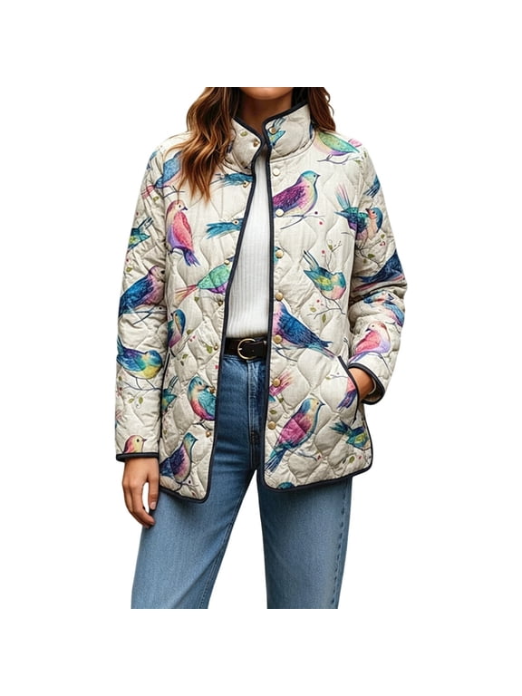 Women's Vintage Water Color Floral/Birds/Trees Print Quilted Jacket Snap Button Padded Lightweight Coat with Pockets (White L)