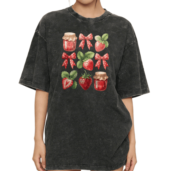 Women's Vintage Watercolor Strawberry Jam & Polka Dot Bow Graphic Casual Crew Neck Washed T Shirt Black S-2XL Plus Size