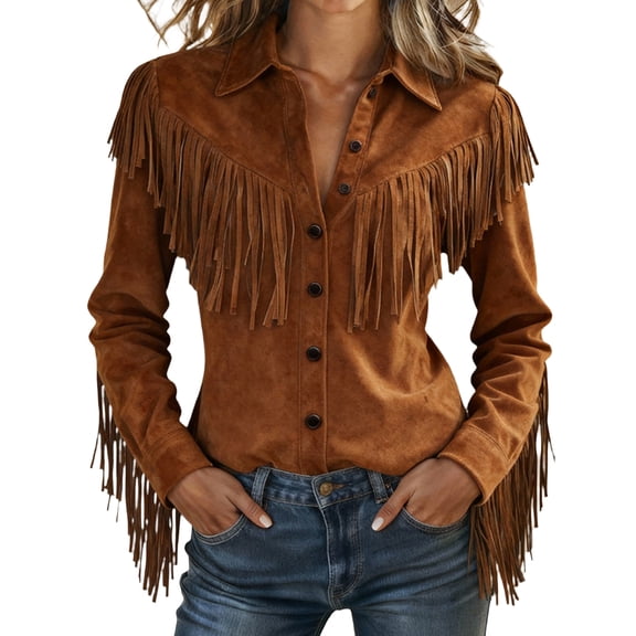 Women's Vintage Western Cowgirl Suede Shirts Vintage Long Sleeve Button Down Slim Fit Fringe Shirts Tops Casual Blouses, S