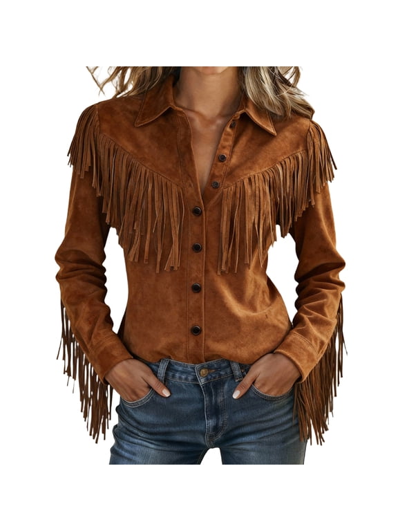 Women's Vintage Western Cowgirl Suede Shirts Vintage Long Sleeve Button Down Slim Fit Fringe Shirts Tops Casual Blouses, S