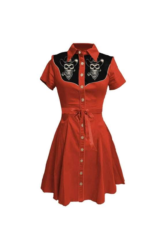 Women's Vintage Western Flower Print Shirt Dress - Button Down, A-Line, Elastic Waist, Retro Midi Summer Dress