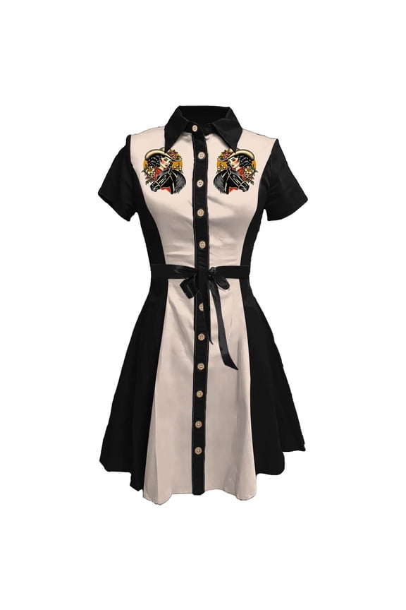 Women's Vintage Western Flower Print Shirt Dress - Button Down, A-Line, Elastic Waist, Retro Midi Summer Dress