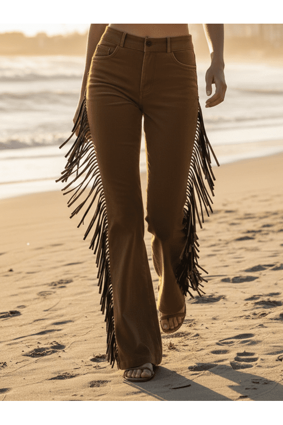 Women's Vintage Western Fringe Flare Pants, High Waisted Slimming Floor-Length Trousers, Fashion Chic Daily Cowgirl Bottoms