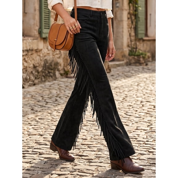 Women's Vintage Western Fringe Flare Pants, High Waisted Slimming Floor-Length Trousers, Fashion Chic Daily Cowgirl Bottoms