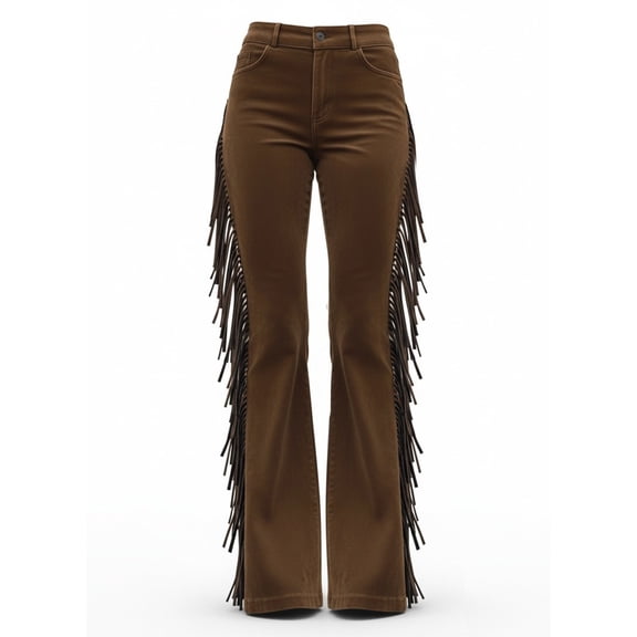 Women's Vintage Western Fringe Flare Pants, High Waisted Slimming Floor-Length Trousers, Fashion Chic Daily Cowgirl Bottoms