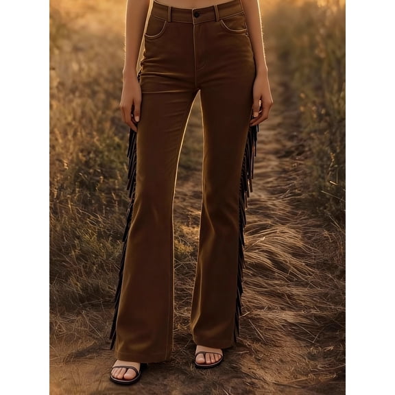 Women's Vintage Western Fringe Flare Pants, High Waisted Slimming Floor-Length Trousers, Fashion Chic Daily Cowgirl Bottoms