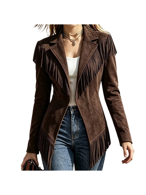 Women's Vintage Western Fringe Jacket Cardigan Lapel Open Front Long Sleeve Suede Outerwear with Pockets Retro Fringed Mid Length Coat for Women Casual Boho Style Coffee M