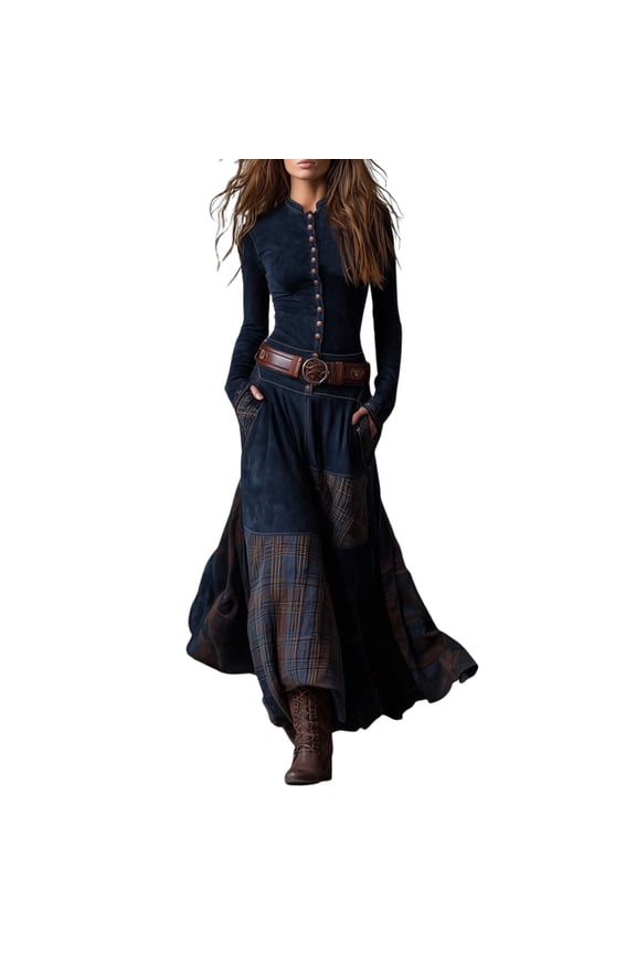 Women's Vintage Western Plaid Maxi Dress Plaid Suede Dress with Pockets, Buttons and Belt Fishtail Long Sleeve Boho Dresses Blue XL