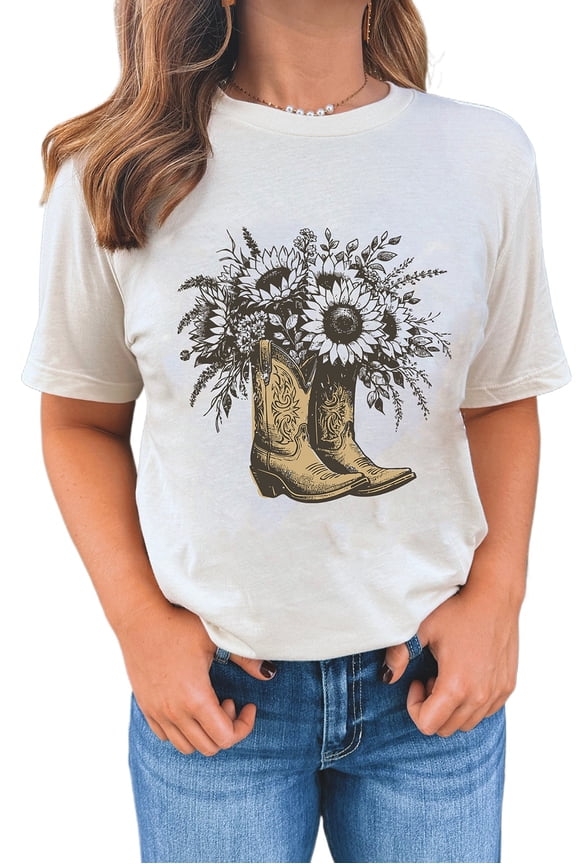 Women's Vintage White Sunflower Cowgirl Boots Graphic Tee - Casual Summer Top - [ZhiHiMeRi] | (US 8-10)M