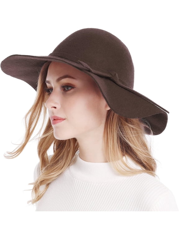 Women's Vintage Wide Brim Wool Band Floppy Felt Hat with Bowknot