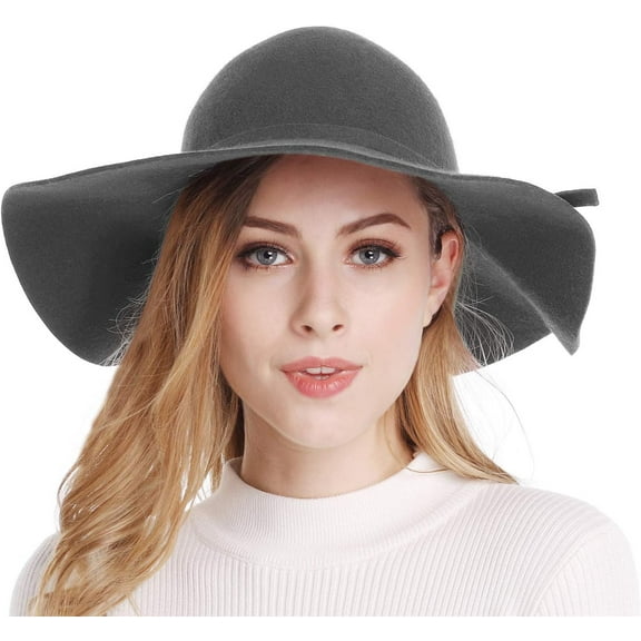 Women's Vintage Wide Brim Wool Band Floppy Felt Hat with Bowknot