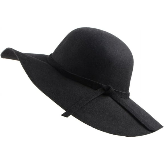 Women's Vintage Wide Brim Wool Ribbon Band Floppy Hat Felt Fedora Hat