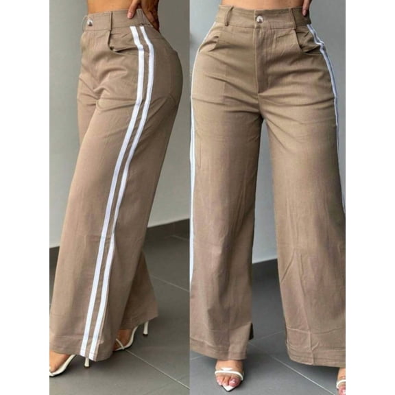 Women's Vintage Wide Leg Pants With Side Stripes, Button Zipper Pockets, Long Woven Fabric Trousers, Autumn Fashion Choice For Commute And Office