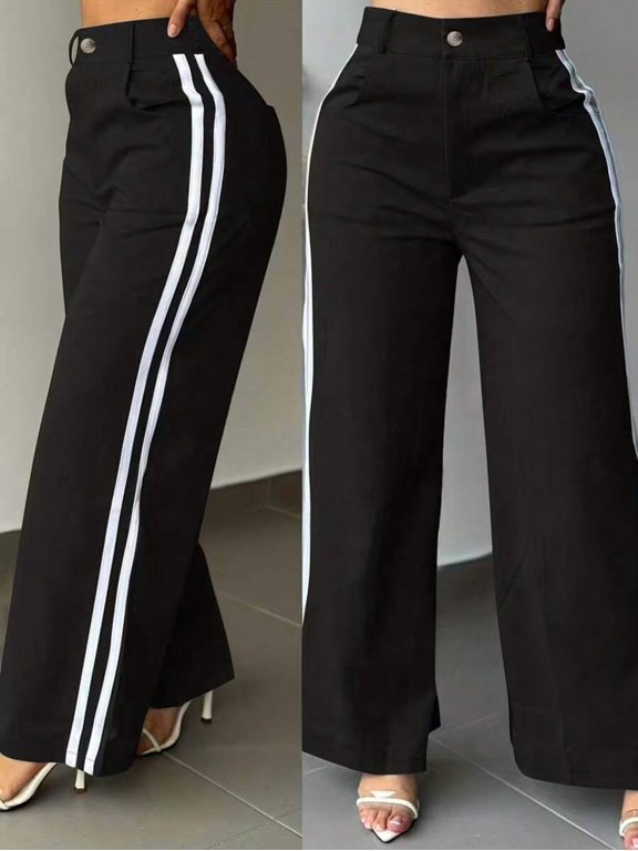 Women's Vintage Wide Leg Pants With Side Stripes, Button Zipper Pockets, Autumn Fashion Choice For Commute And Office