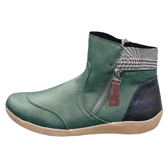 Women's Vintage Wide Toe Wide Mid Calf Combat Boots Boho Ethnic Retro Patchwork Leather Comfort Low Heel Work Walking Ankle Booties Green Size 6.5