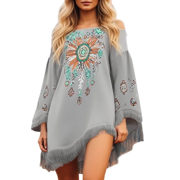 Women's Vintage Wilderness Loose Dress Long Sleeve Casual Grey S