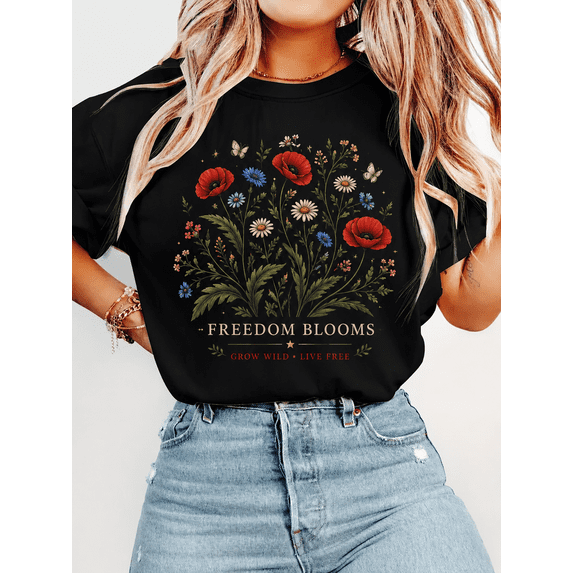 Women's Vintage Wildflower Graphic T-Shirt, Freedom Blooms Floral Print Casual Crew Neck Short Sleeve Summer Tee