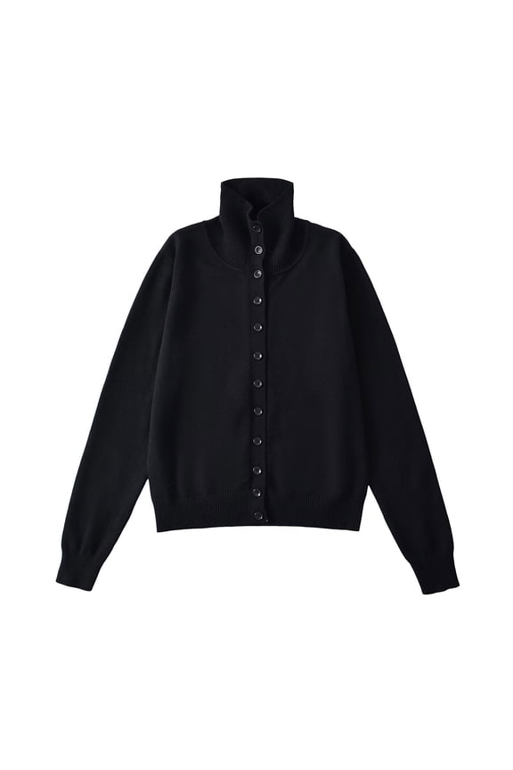 Women's Vintage Wool Knitted Cardigan - Stand Collar Button Down Stretch Outerwear, Soft Breathable Casual Long Sleeve Sweater Jacket